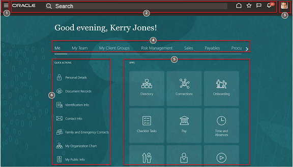 Page d'accueil présentée sous forme fil d'actualité affichant les différents éléments de l'interface utilisateur, tels que le navigateur, le menu Paramètres et actions, les onglets, les icônes des zones de travail de la section Applications et la section Actions rapides.