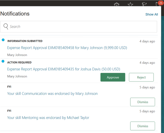 Liste des notifications de l'en-tête global ouverte à l'aide de l'icône Notifications