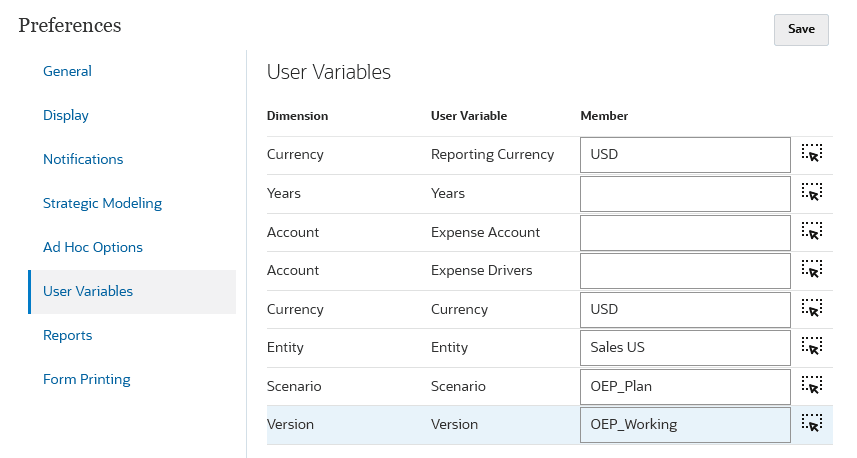Variables utilisateur sélectionnées