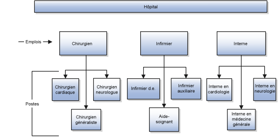 Figure illustrant la configuration des postes dans le secteur de la santé, avec chirurgiens, infirmiers et internes à différents postes.