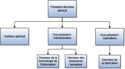 Illustration d'une hiérarchie des postes au sein d'une société. Dans la hiérarchie des postes, les directeurs sont placés sous l'autorité des vice-présidents. L'auditeur général et les vice-présidents sont rattachés au président-directeur général de la société.