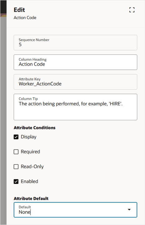 Vérifier les détails du panneau de modification pour l'attribut Code action
