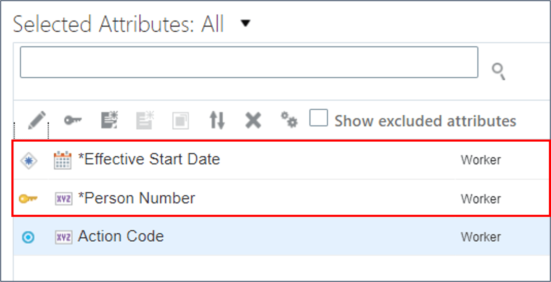 Les attributs Date de début de validité et Matricule de la personne sont automatiquement ajoutés au panneau Attributs sélectionnés