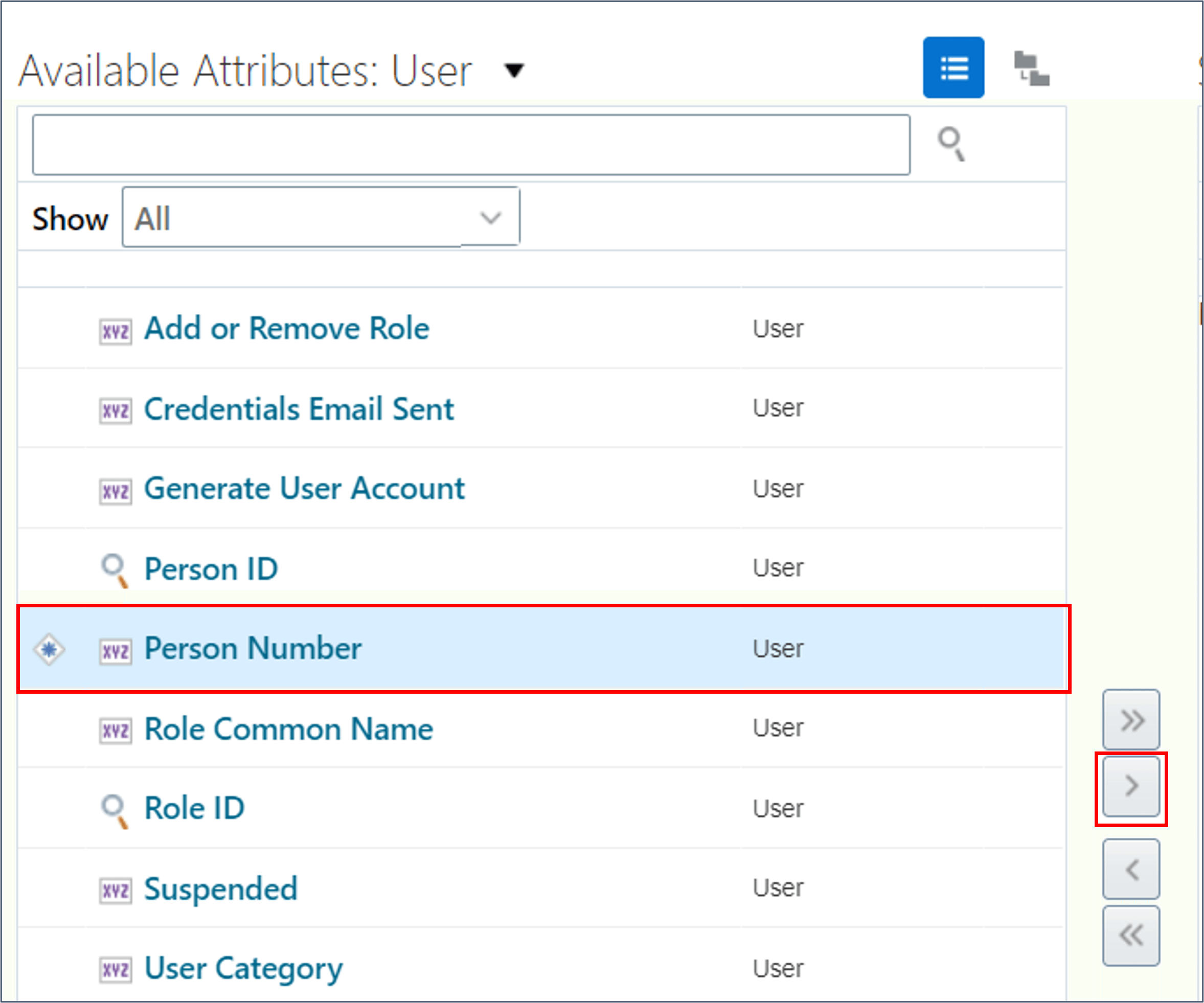 Sélectionner un matricule de personne et l'ajouter aux attributs sélectionnés