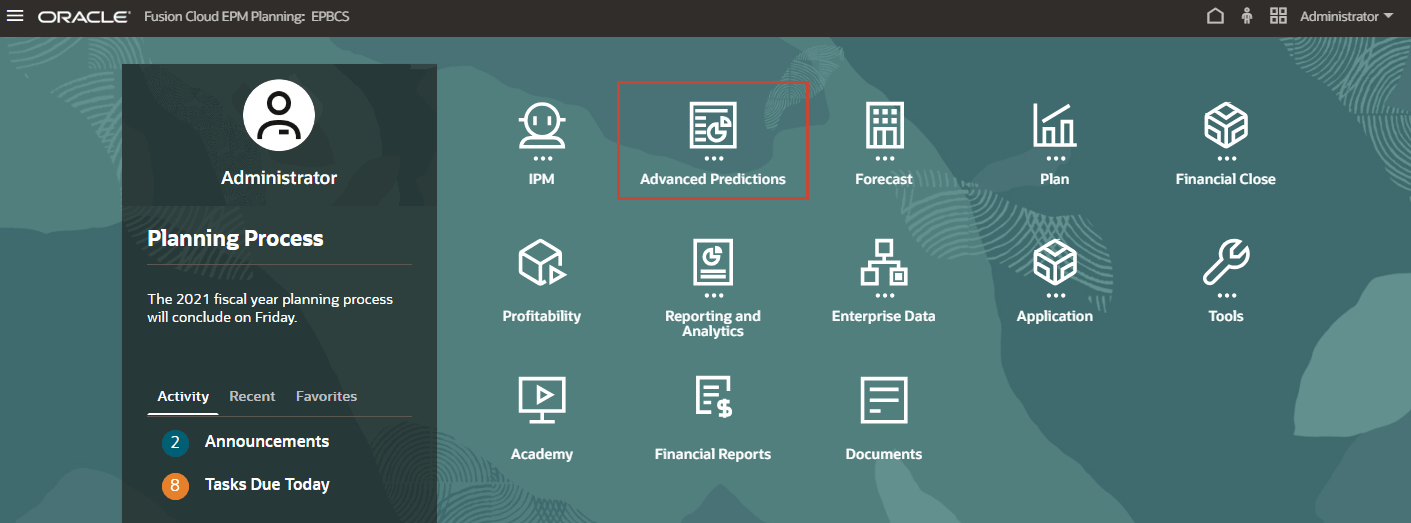 Flux de navigation EPM Cloud avec carte de prévisions avancées