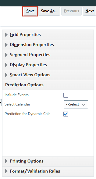Sauvegarde des options de prédiction