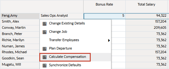Sélectionner la ligne de données pour Amy Feng et exécuter Calculer la rémunération