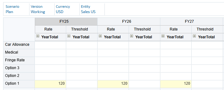 Saisir des taux pour l'option 1