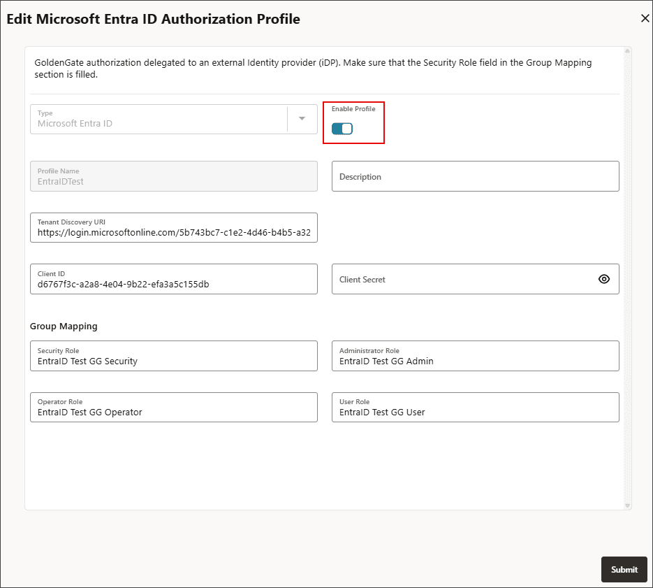 Utilisation du commutateur pour activer le profil d'autorisation après une validation réussie.
