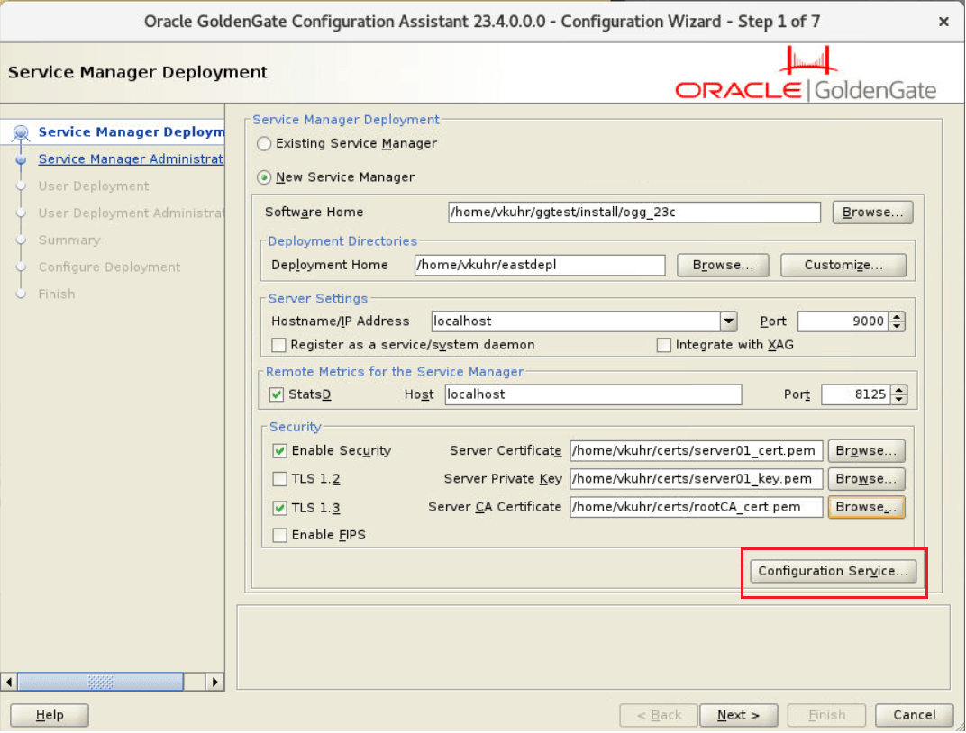 Bouton Service de configuration dans l'écran Options du gestionnaire de services OGGCA