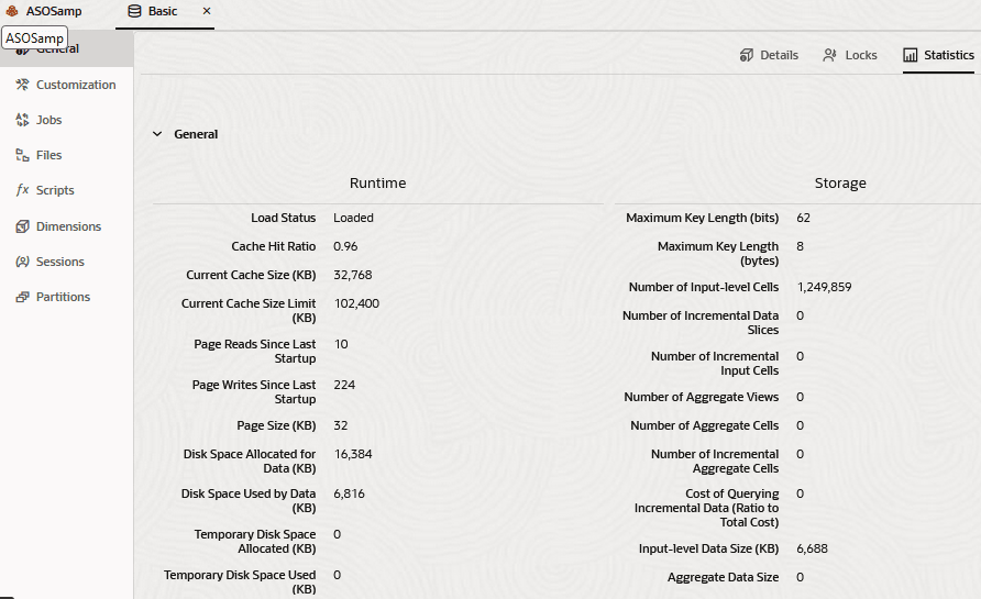 Statistiques de cube pour l'exemple de cube ASOSamp.Basic. Les statistiques d'exécution incluent Load Status, Cache Hit Ratio, Current Cache Size (KB), Current Cache Size Limit (KB), Page Reads Since Last Startup, Page Writes Since Last Startup, Page Size (KB), Disk Space Allocated for Data (KB), Disk Space Used by Data (KB), Temporary Disk Space Allocated (KB) et Temporary Disk Space Used (KB). Les statistiques de stockage incluent la longueur de clé maximale (en bits et en octets), le nombre de cellules au niveau de l'entrée, le nombre de tranches de données incrémentielles, le nombre de cellules d'entrée incrémentielles, le nombre de vues agrégées, le nombre de cellules agrégées, le coût de l'interrogation des données incrémentielles, la taille des données au niveau de l'entrée (ko) et la taille des données agrégées.