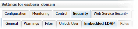 Console WebLogic avec sécurité > onglets LDAP imbriqués ouverts dans le domaine essbase_domain.