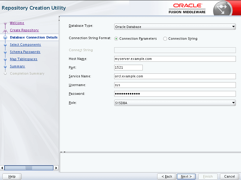 Page Détails de connexion à la base de données avec les paramètres de connexion Oracle Database saisis Page Détails de connexion à la base de données avec les paramètres de connexion Oracle Database saisis