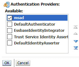 Console d'administration WebLogic Server, onglet Providers > Authentication, en se concentrant sur la liste des fournisseurs d'authentification disponibles, le fournisseur "msad" étant déplacé en haut de la liste et le bouton OK en surbrillance.