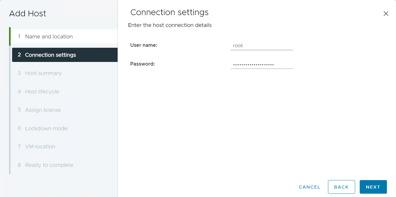 vCenter - Ajouter un hôte - Nom utilisateur et mot de passe