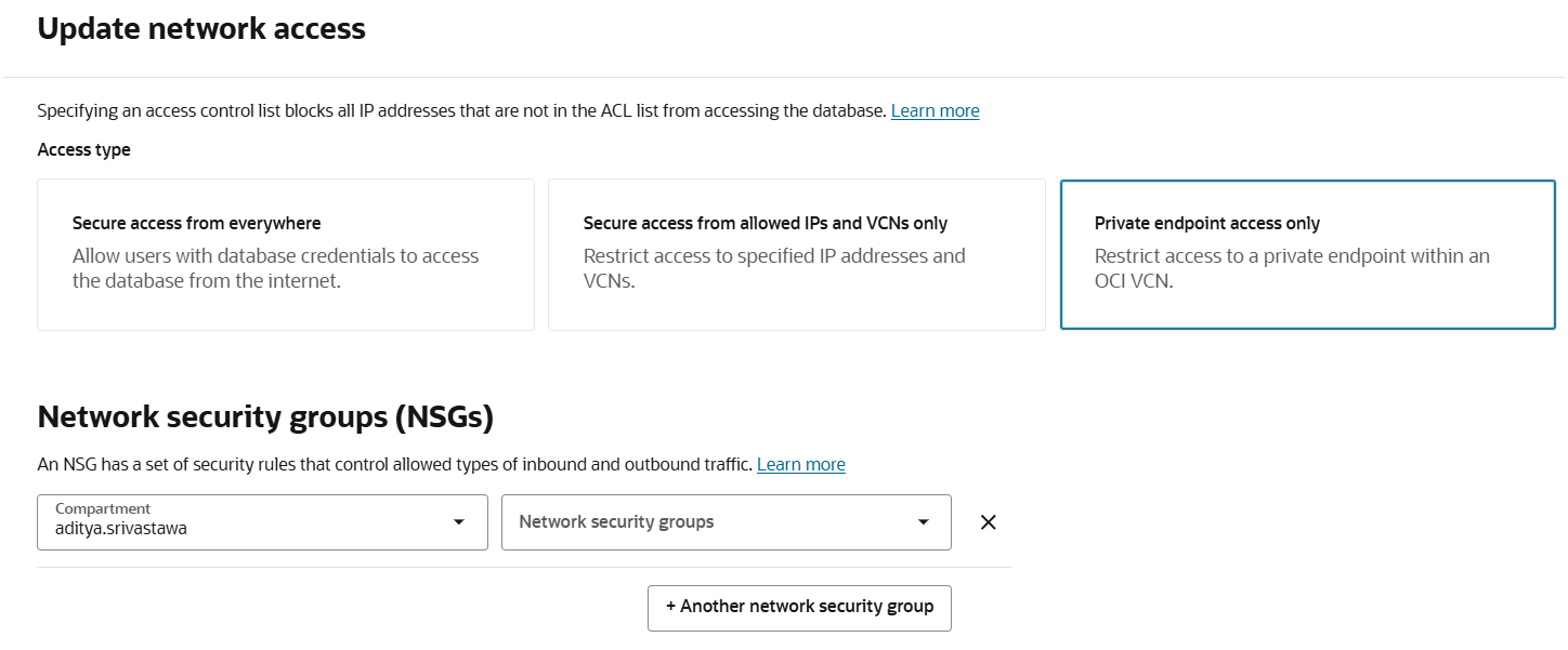 Image illustrant la création d'une instance ADW avec une adresse privée 