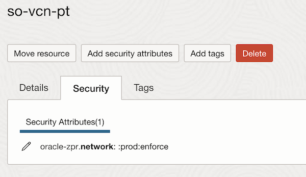 Capture d'écran illustrant l'attribut de sécurité affecté au VCN. Capture d'écran illustrant l'attribut de sécurité affecté au VCN.