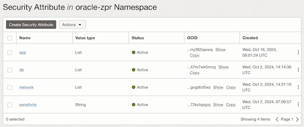 Capture d'écran présentant la liste des attributs de sécurité ZPR. Capture d'écran présentant la liste des attributs de sécurité Zero Trust Packet Routing.