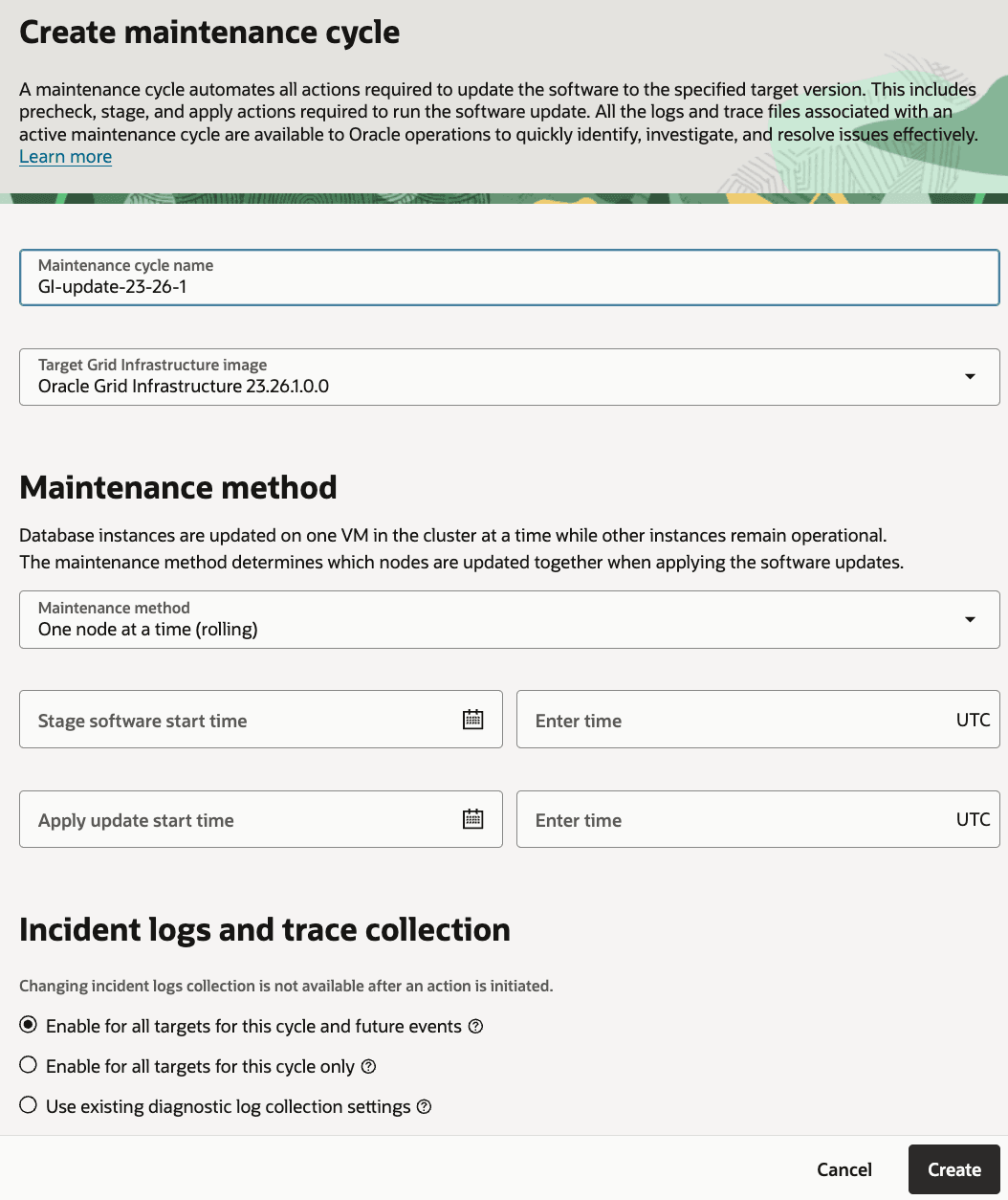 Créer un formulaire de cycle de maintenance pour une mise à jour Grid Infrastructure avec une image cible et des options de programmation