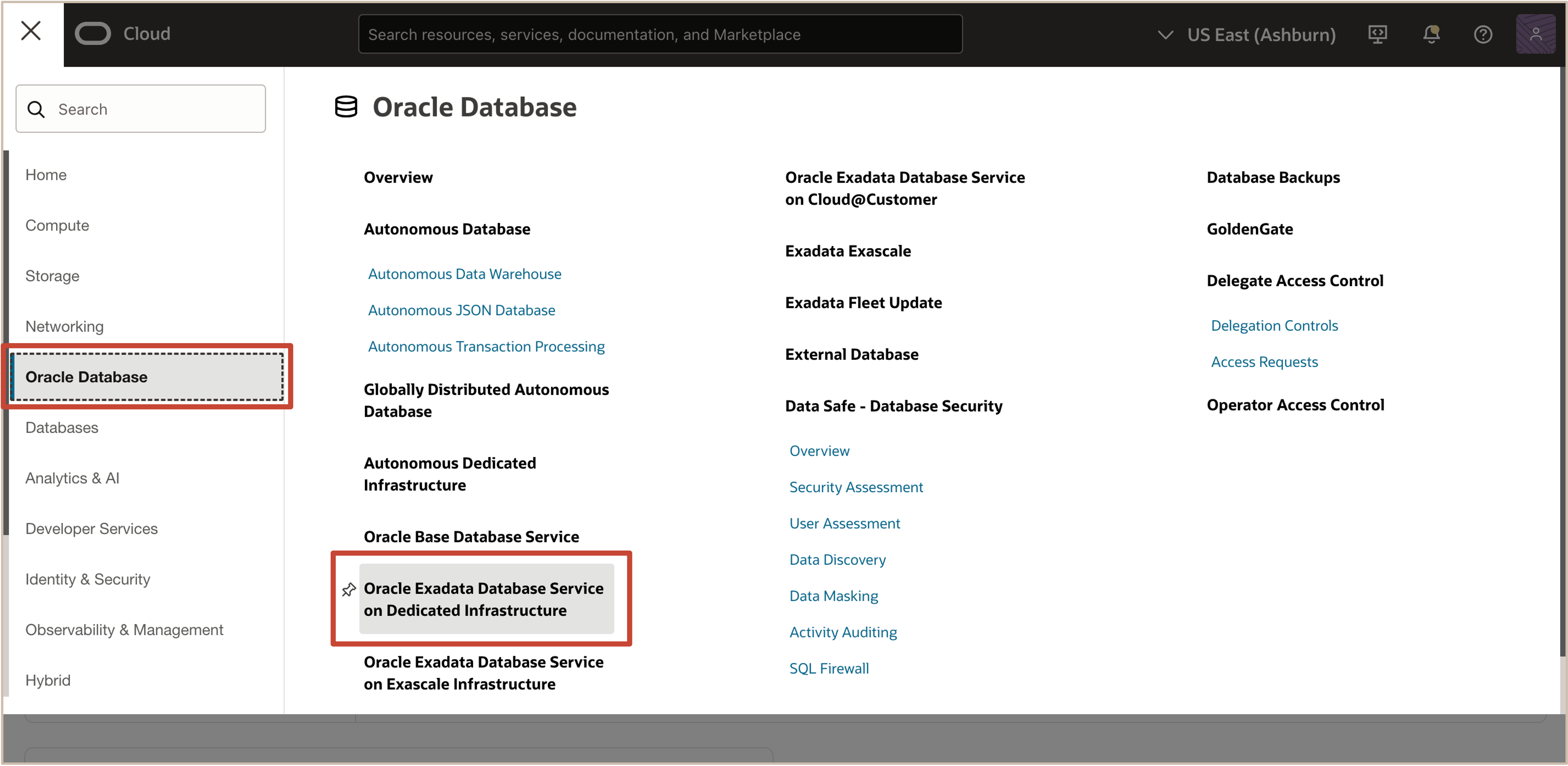 Image illustrant la navigation dans la console OCI