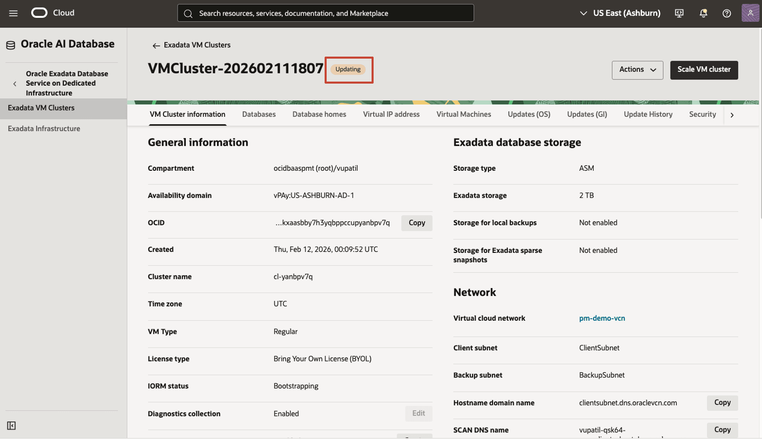 Image illustrant le statut Mise à jour du cluster de machines virtuelles