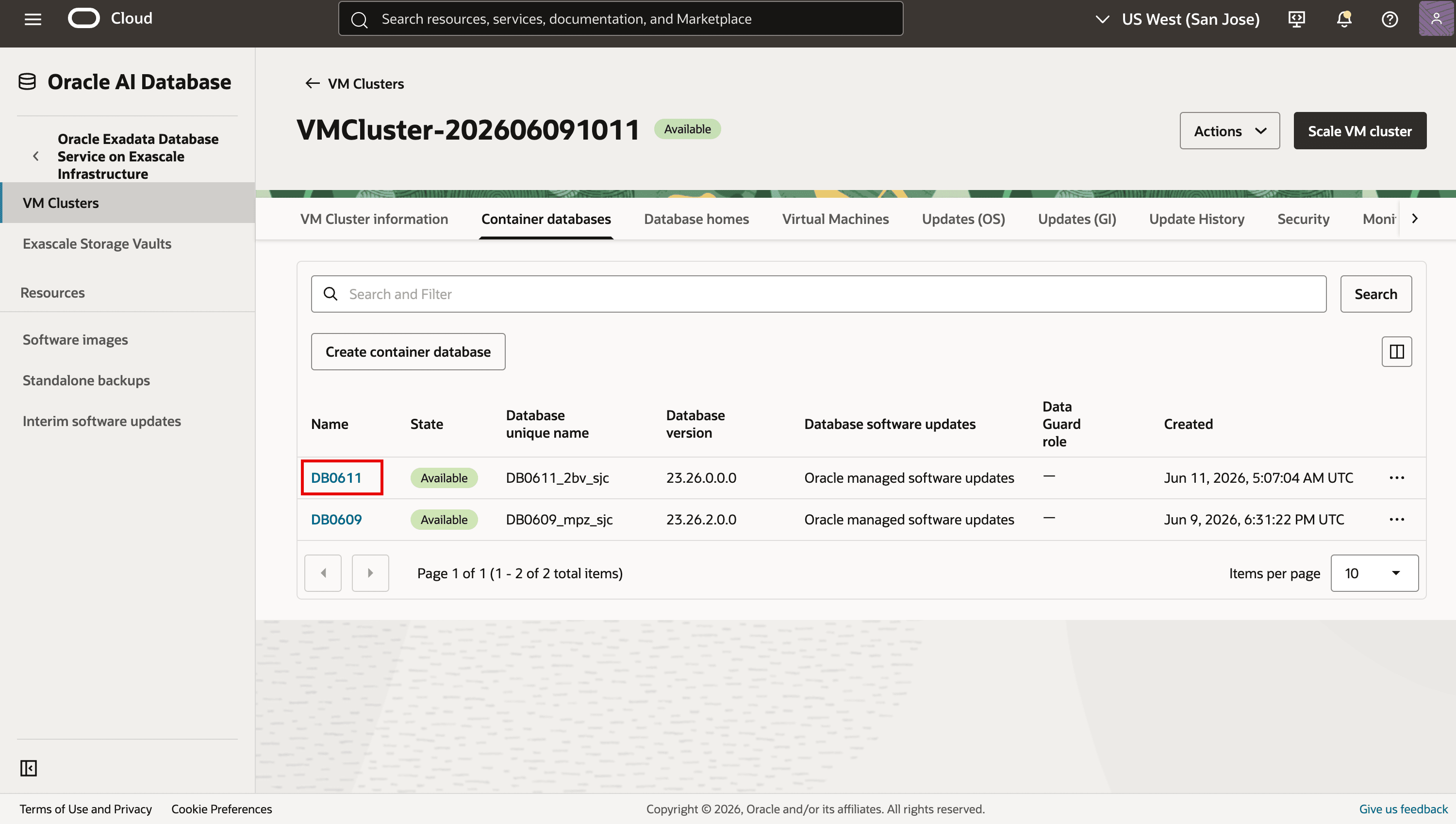 Liste des bases de données Conteneur avec la base de données gérée par Oracle sélectionnée