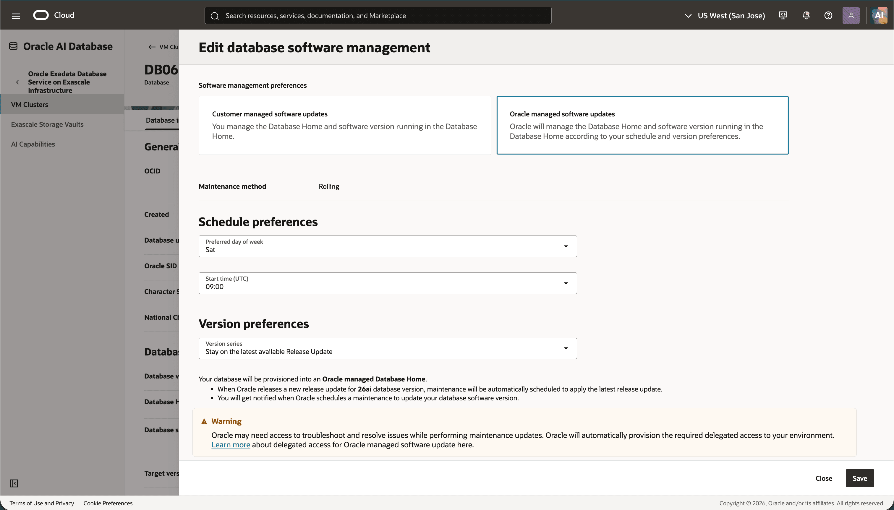 Modifier le panneau de gestion du logiciel de base de données affichant les mises à jour du logiciel géré par Oracle sélectionnées et les préférences de planification