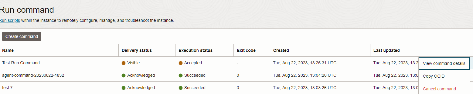 Statut de la commande de test 