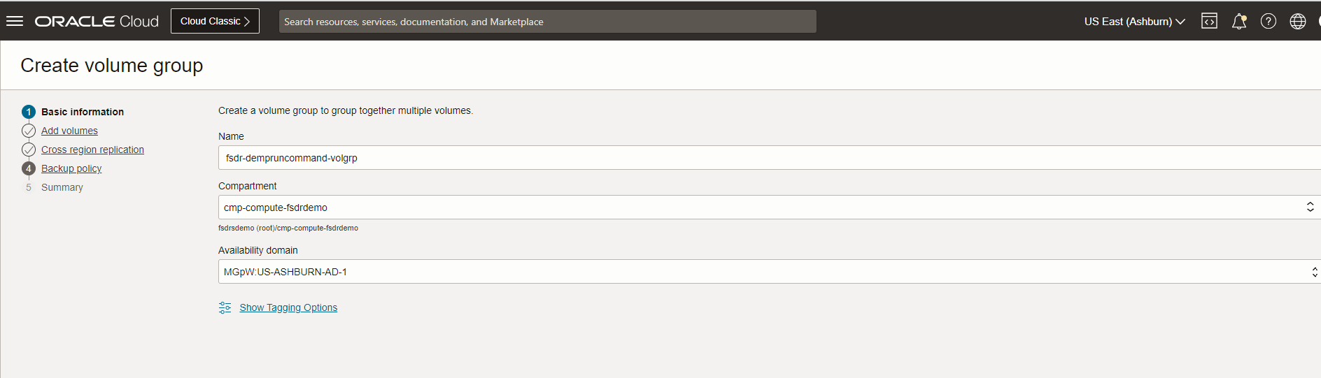 Créer un groupe de volumes à Ashburn