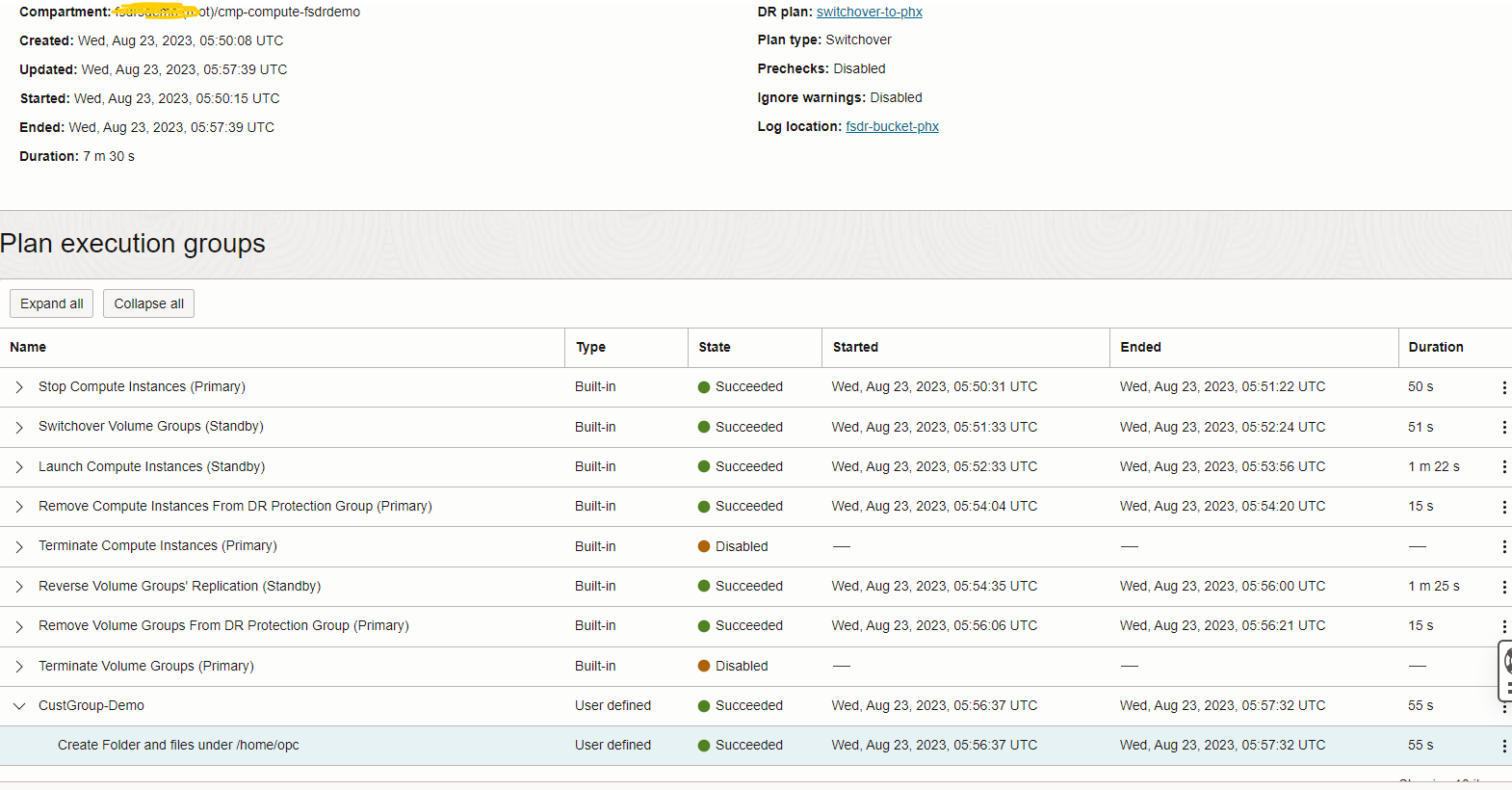 Exécuter le statut du plan de récupération après sinistre 