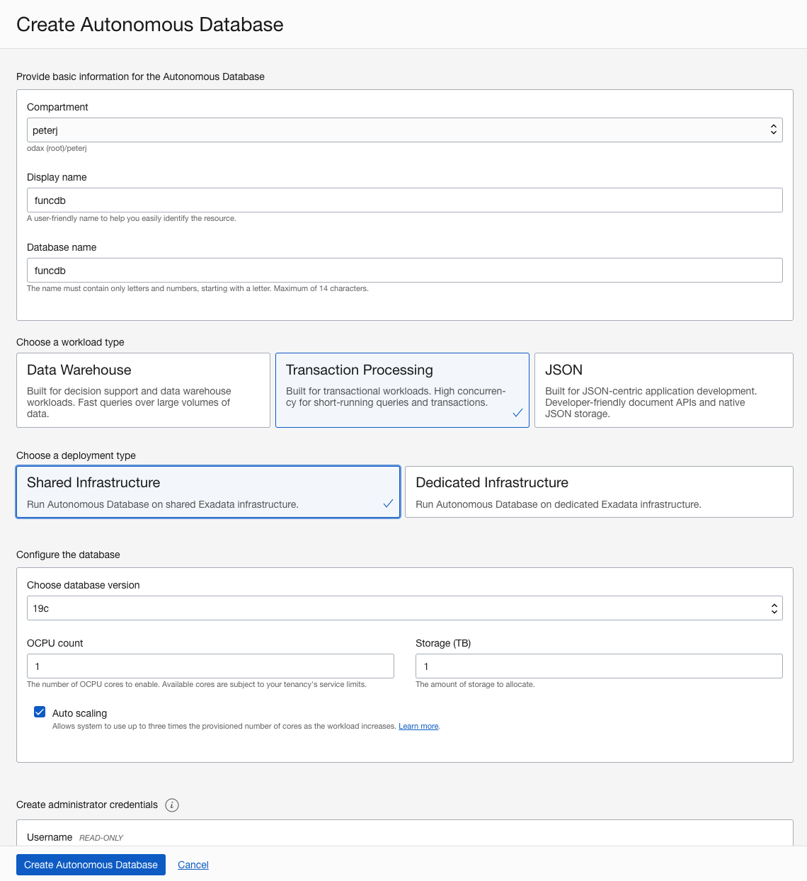 Créer une instance Autonomous Database
