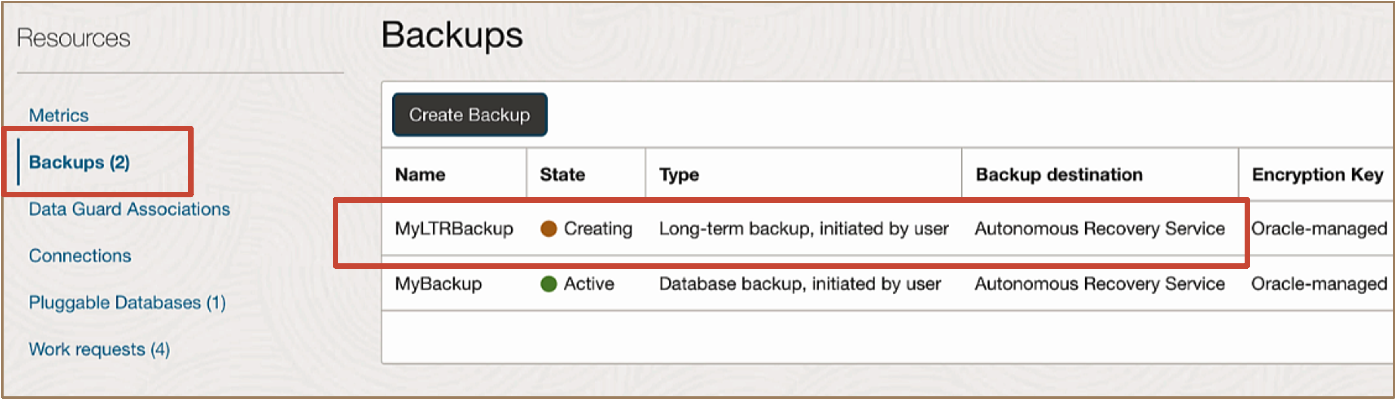 Illustration présentant le statut de création de la sauvegarde LTR