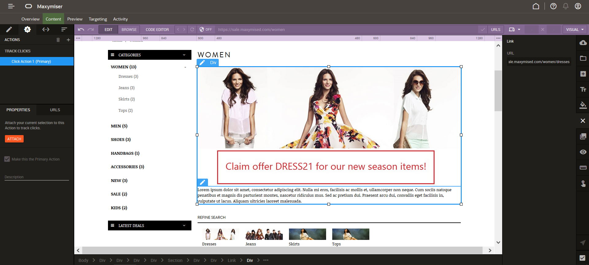 Oracle Maxymiser - Ajouter un lien