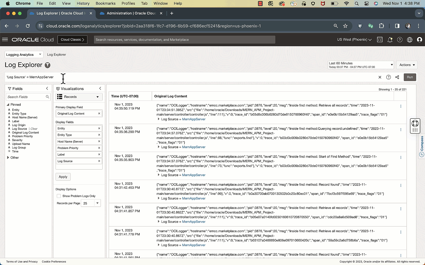 GIF présentant un exemple d'analyse descendante d'OCI Application Performance Monitoring vers OCI Logging Analytics.