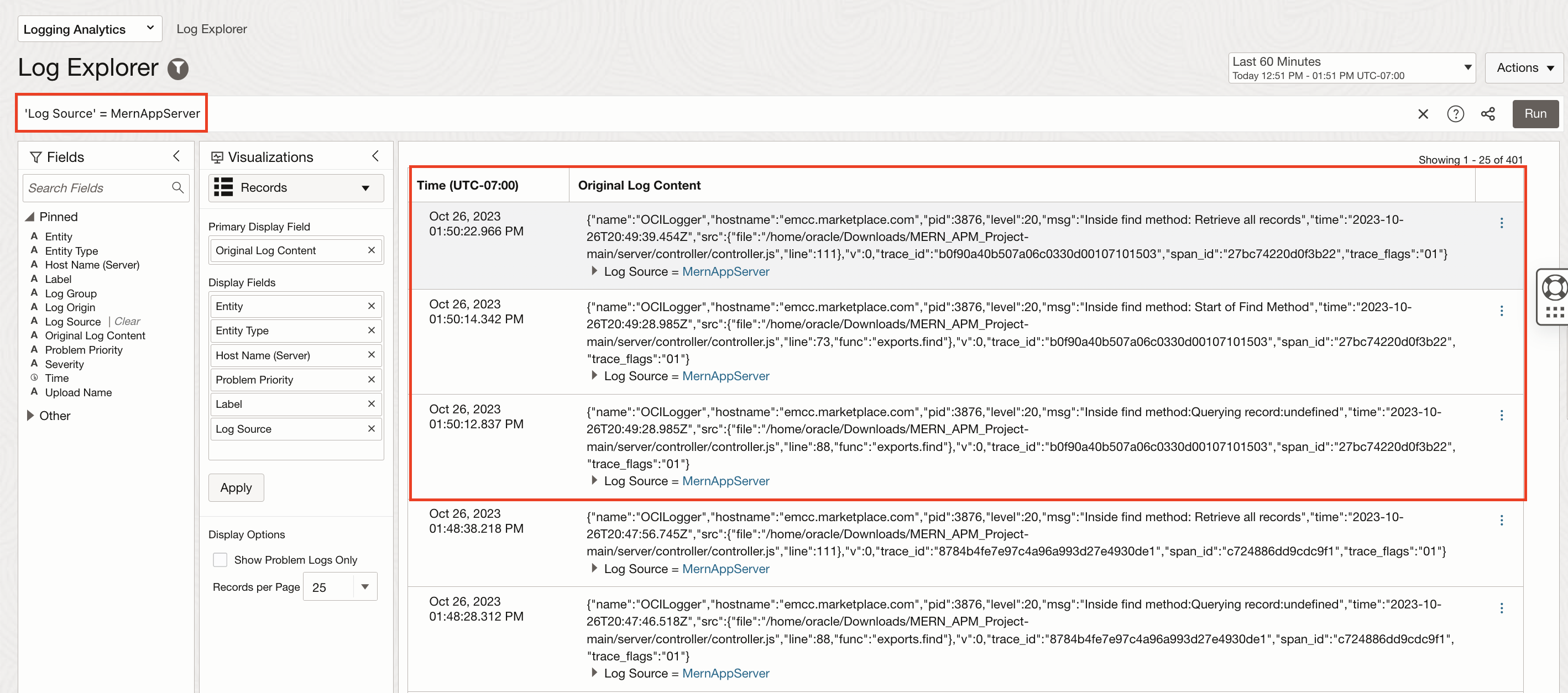 Vue Explorateur de journaux dans OCI Logging Analytics.