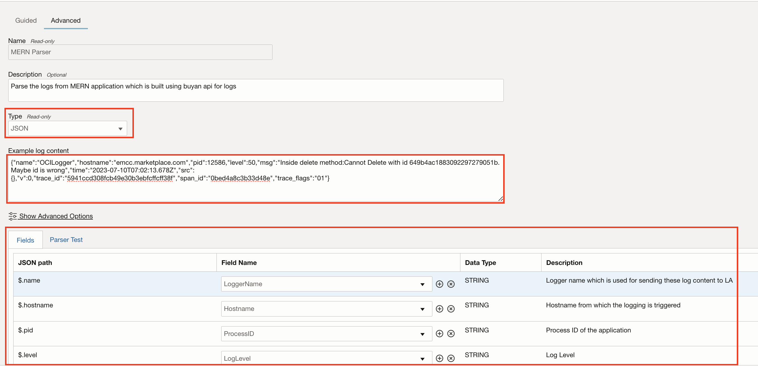 Image d'une configuration d'analyseur de journal dans OCI.
