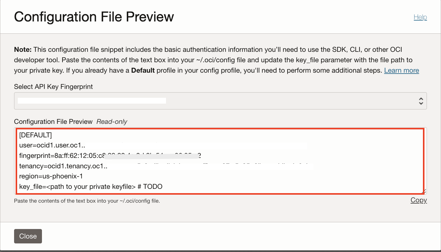 Image d'un aperçu de fichier de configuration dans OCI.