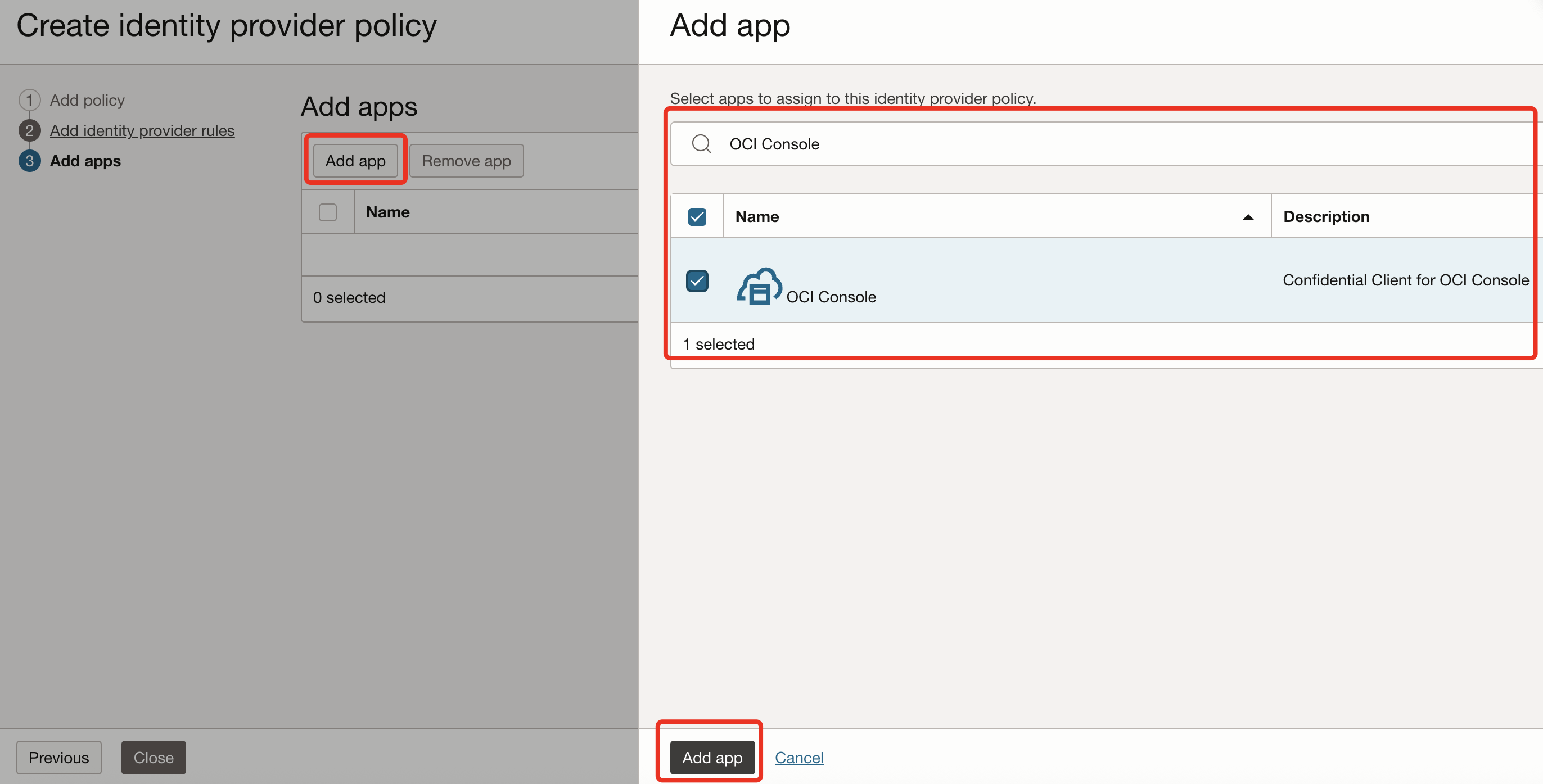 Sélection de l'application de console OCI.