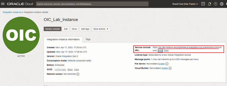 Capturez votre nom de domaine qualifié complet Oracle Integration