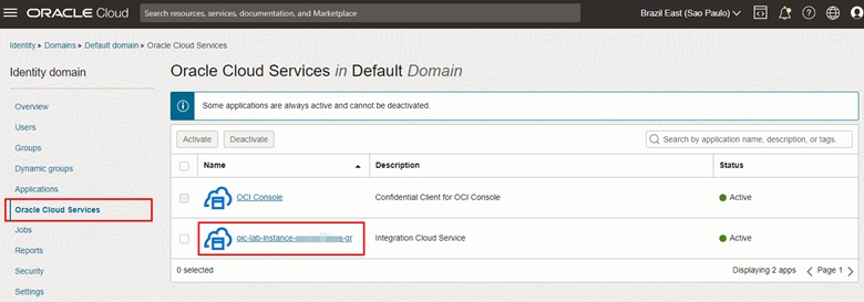 Cliquez sur le lien Oracle Cloud Services.