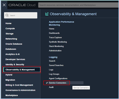 Menu des connecteurs de service