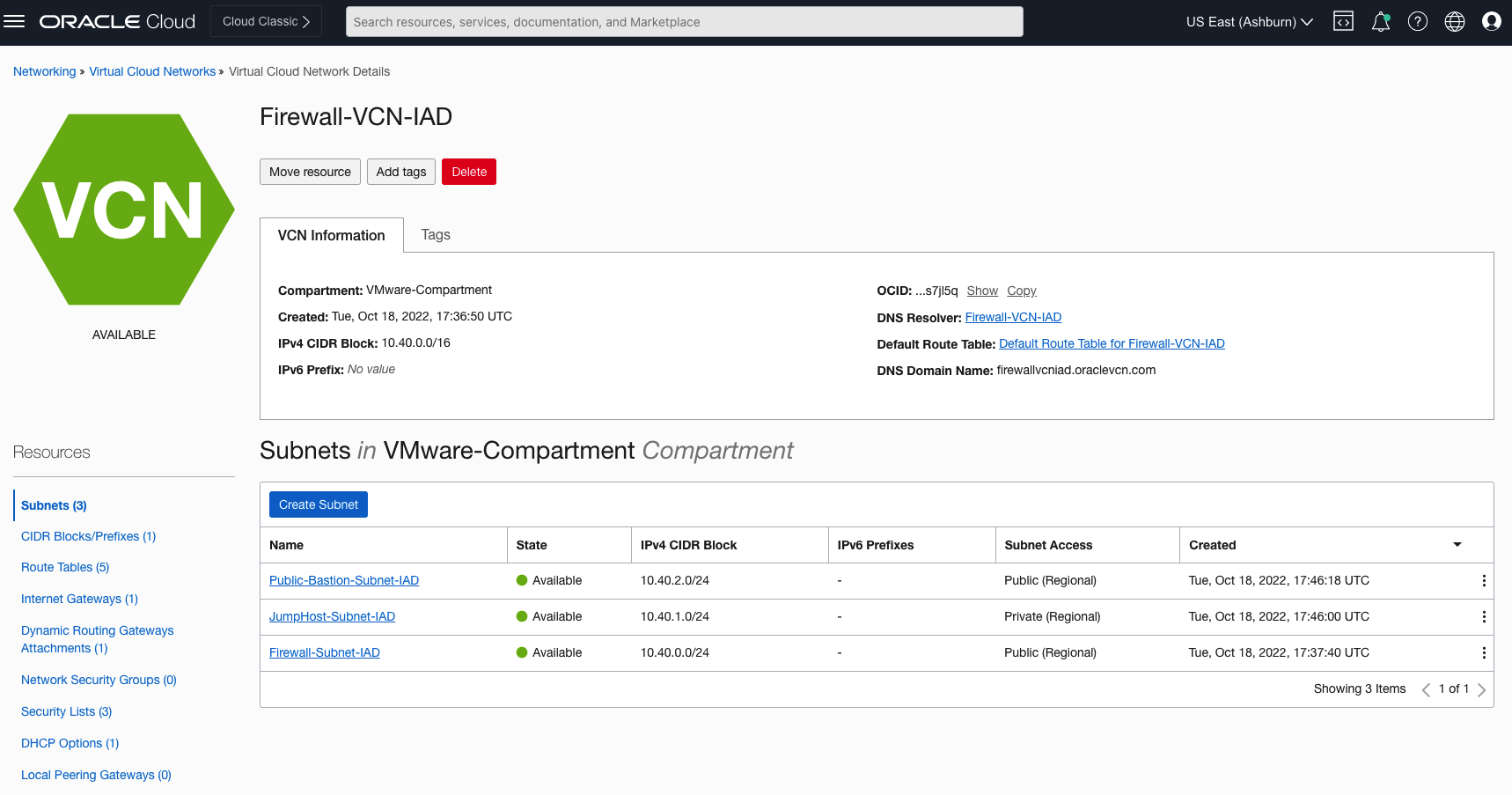 Sous-réseaux dans Firewall-VCN-IAD figure 2