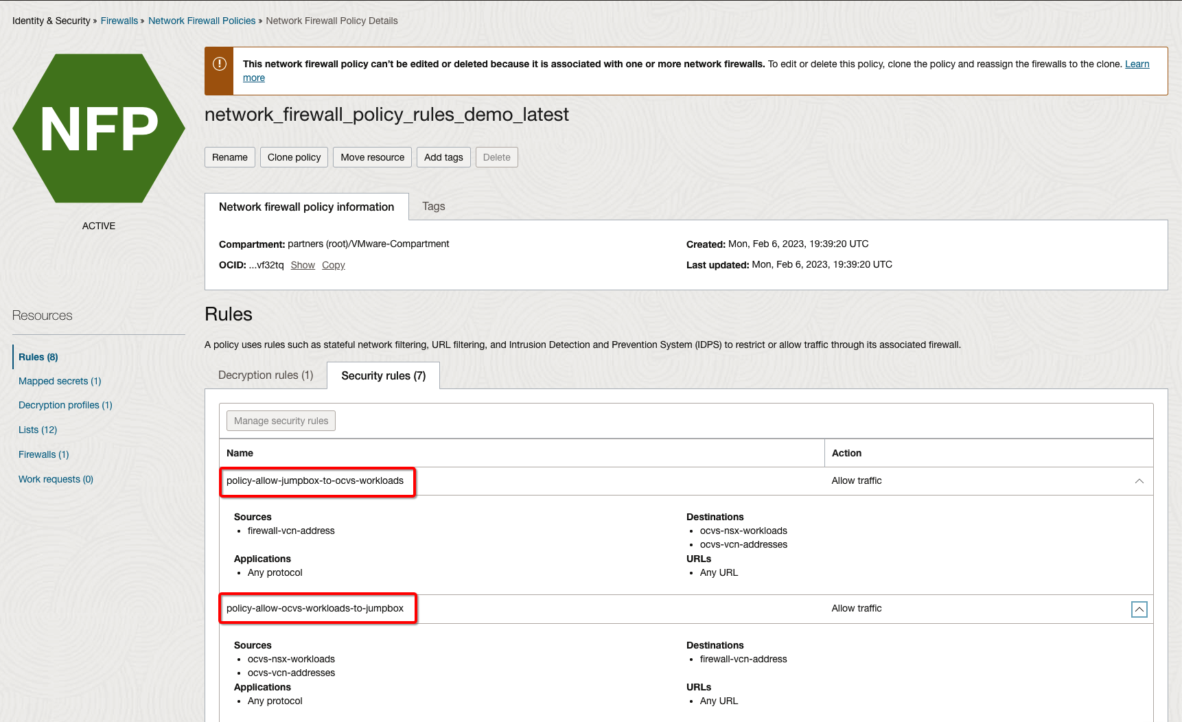 Règle de sécurité sur le pare-feu OCI Network Firewall Figure 8