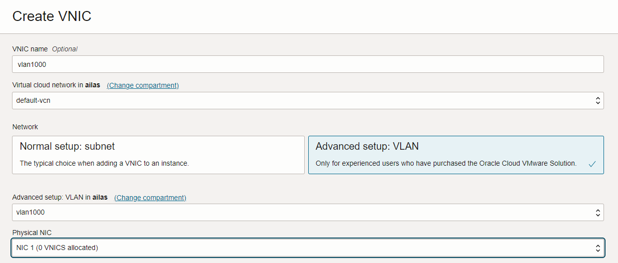 BM VNIC VLAN 1000
