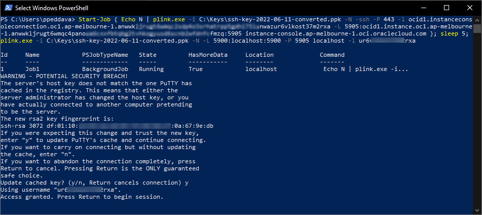 Connexion à la console établie à l'aide de la commande VNC à l'aide de Windows PowerShell
