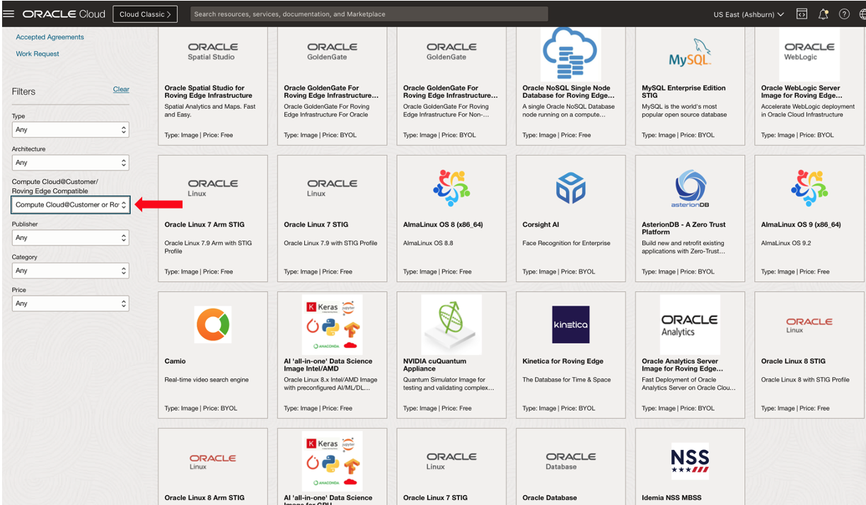 Filtrez Oracle Marketplace for Compute Cloud@Customer et la compatibilité Roving Edge pour voir l'image disponible pour Oracle Roving Edge Infrastructure Image 1