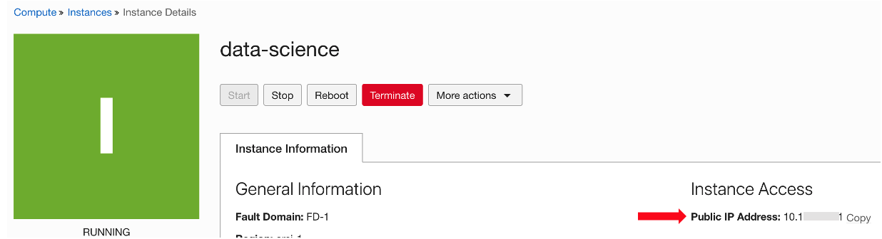Instance de calcul créée à partir de l'image Oracle Marketplace sur le noeud Oracle Roving Edge Infrastructure Image13a
