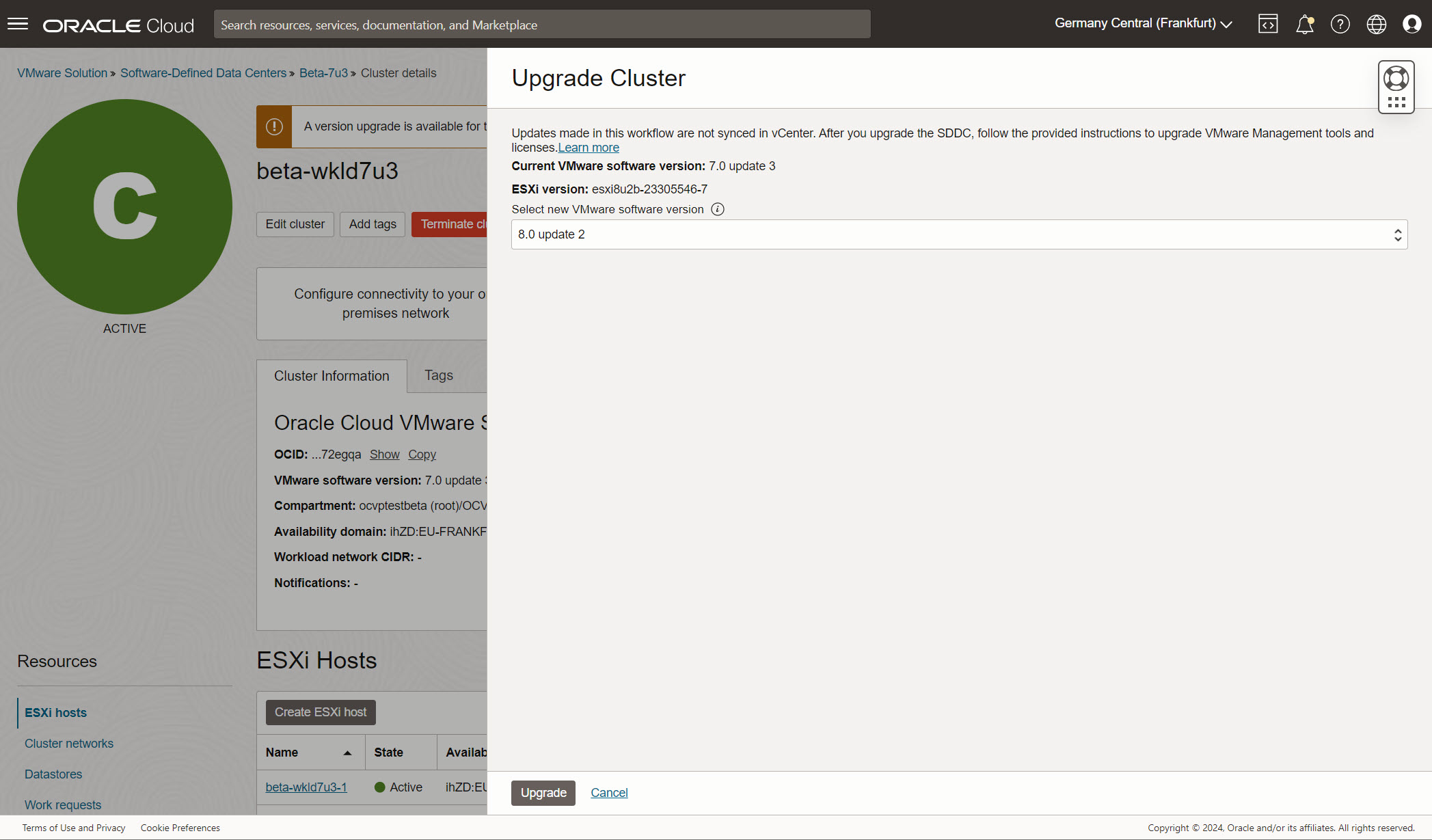 Mettre à niveau la version VMware du cluster de charge globale