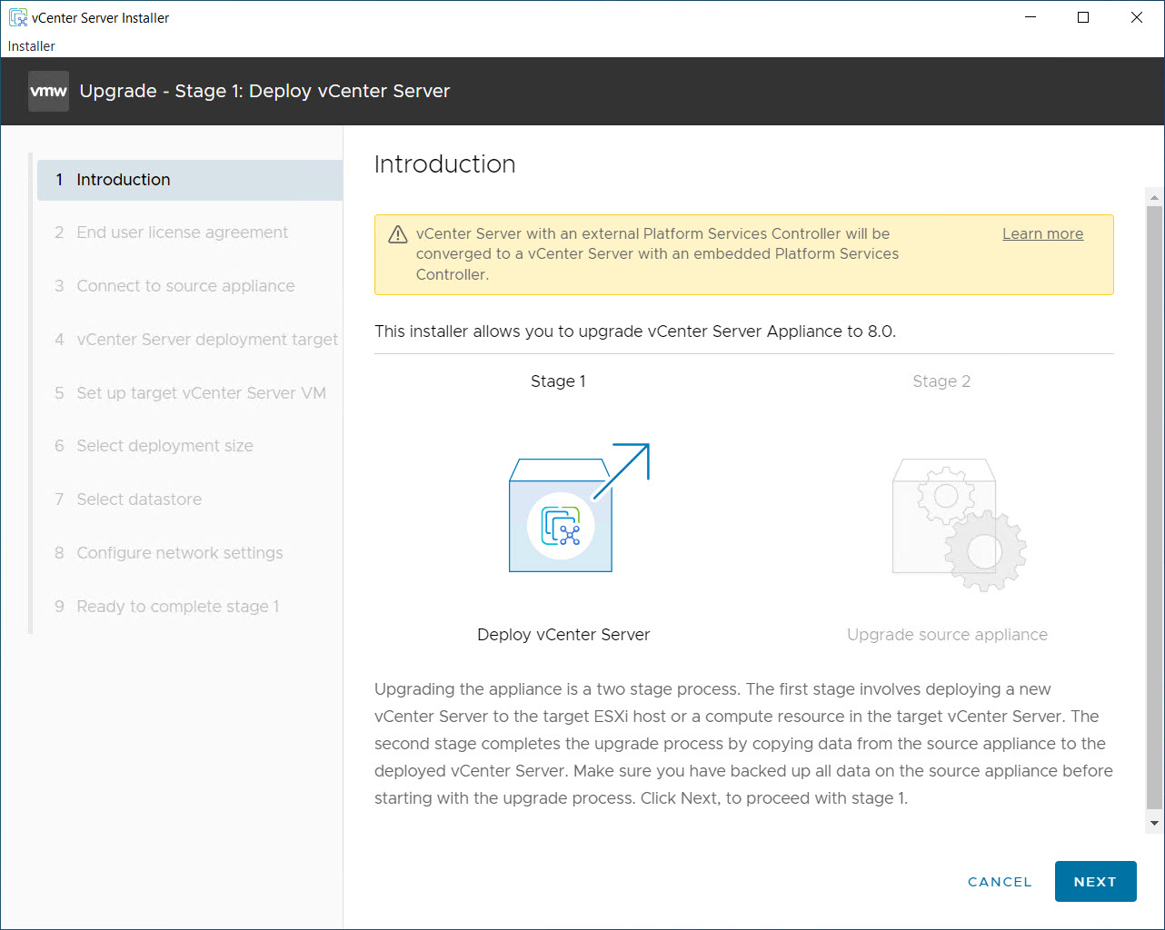 vCenter Mettre à niveau Stage1