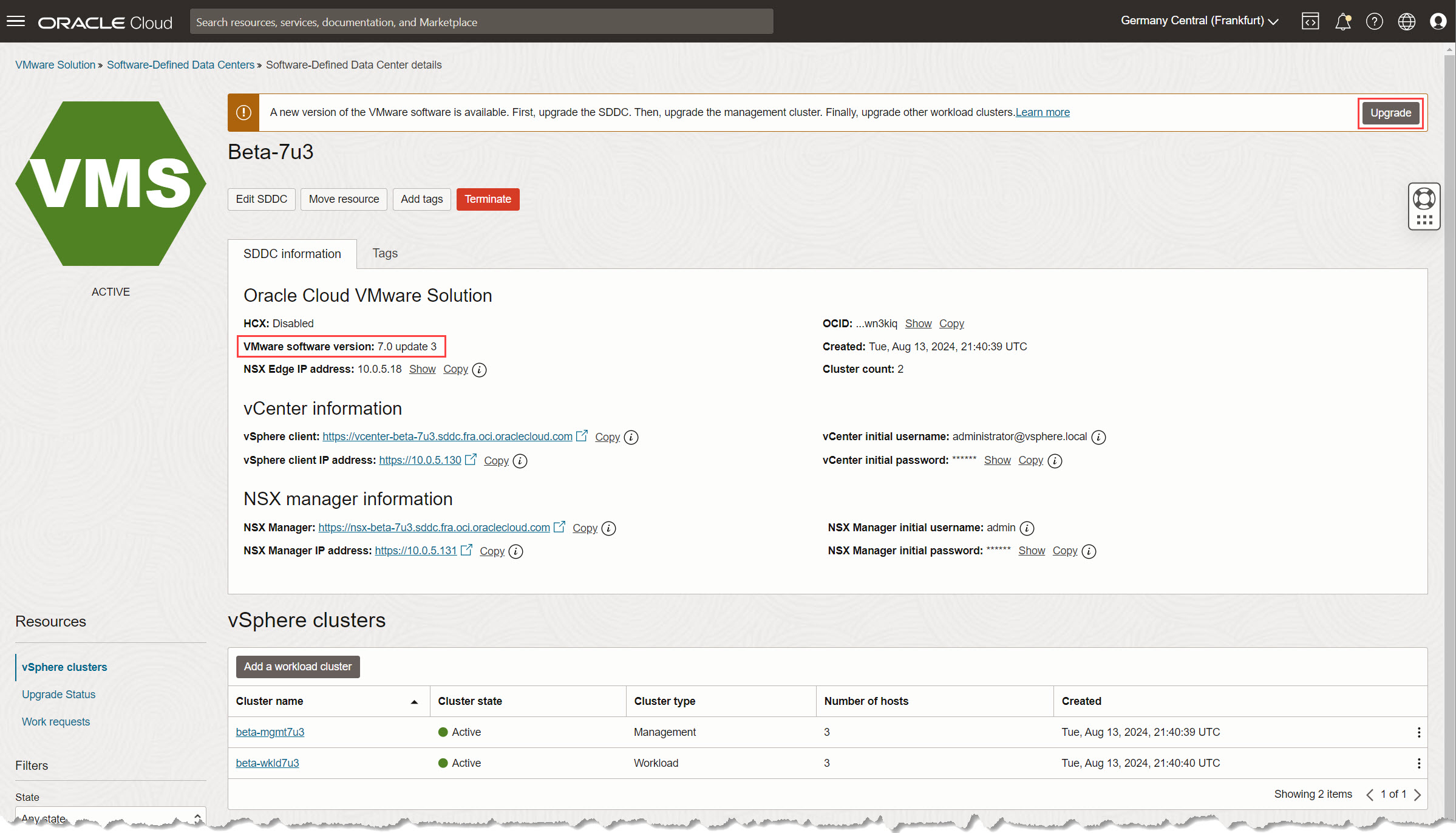 Vérifier la version du SDDC et commencer la mise à niveau